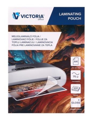 Meleglamináló fólia, 75 mikron, A4, fényes, VICTORIA OFFICE